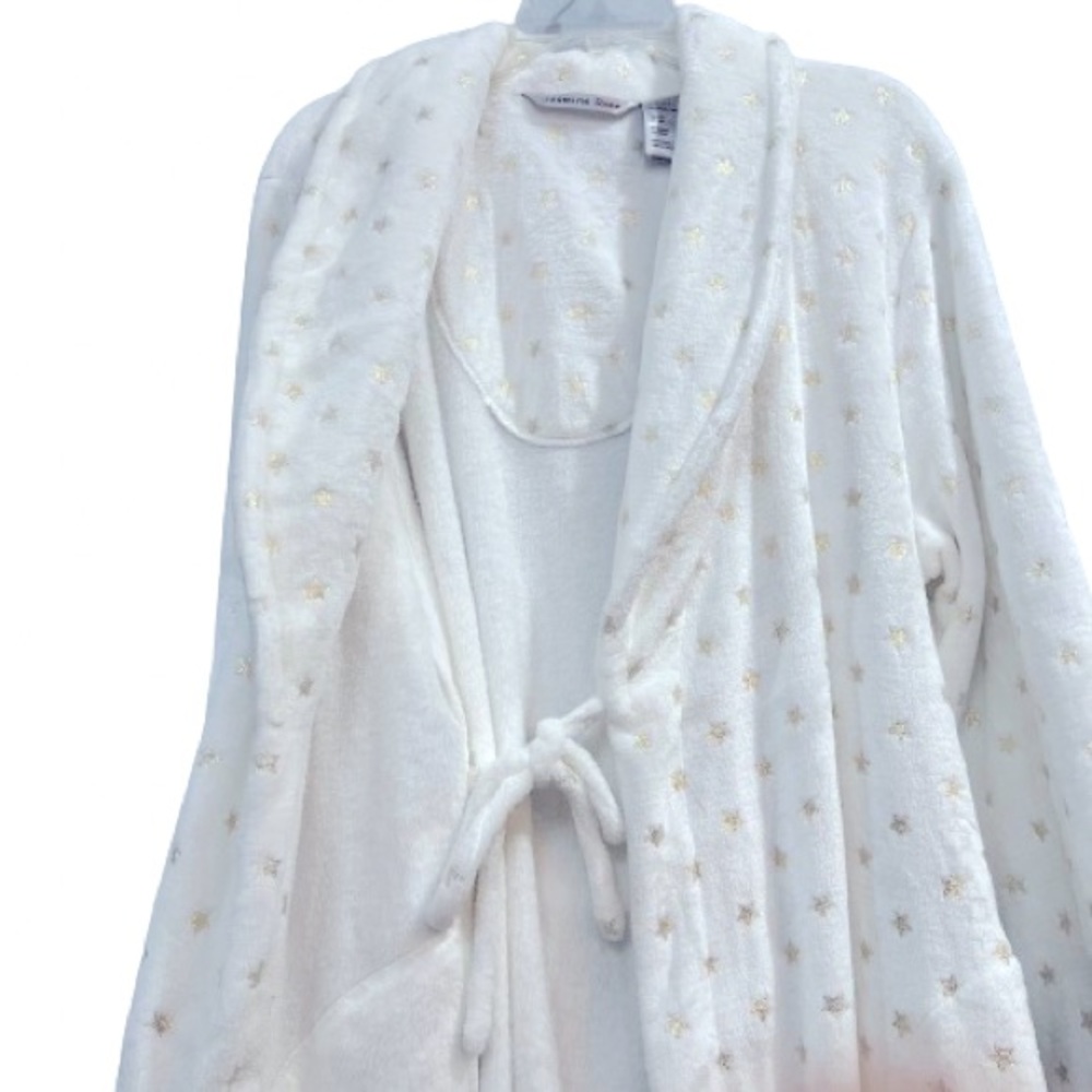 Plush Very White With Tiny Gold Stars Self-Tie Full Length Robe Two Side Pockets - Picture 3 of 7